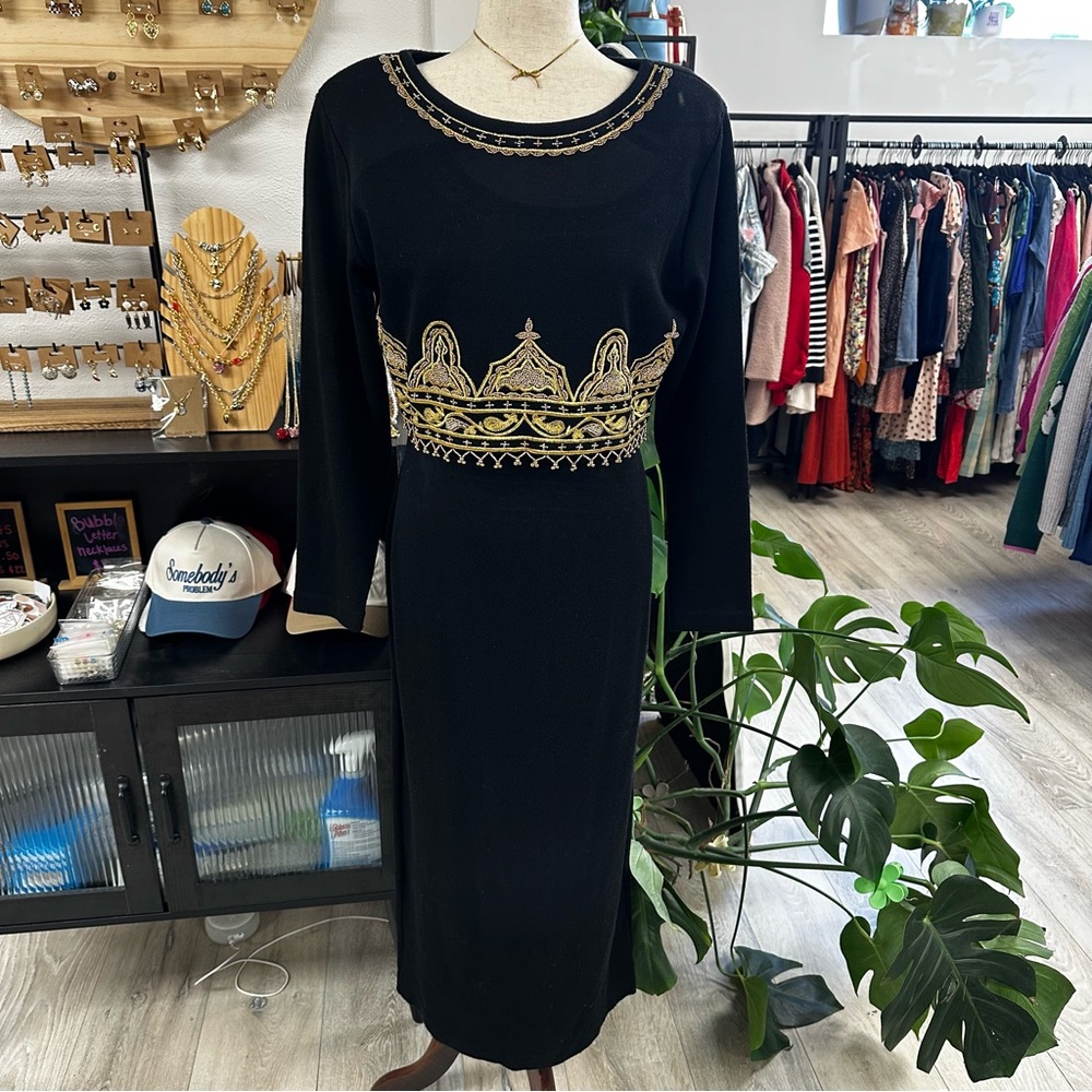 Vintage Carole Little black beaded maxi sweater dress
